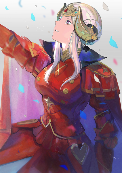 Anime picture 1200x1700 with fire emblem fire emblem: three houses nintendo edelgard von hresvelg kyufe single tall image short hair breasts large breasts sitting purple eyes white hair parted lips profile arm up horn (horns) grey background hair bun (hair buns) looking up