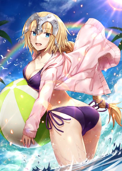 Anime picture 643x900 with fate (series) fate/apocrypha jeanne d'arc (fate) (all) jeanne d'arc (fate) gabiran single long hair tall image looking at viewer blush breasts open mouth blue eyes light erotic blonde hair large breasts standing holding sky cloud (clouds)