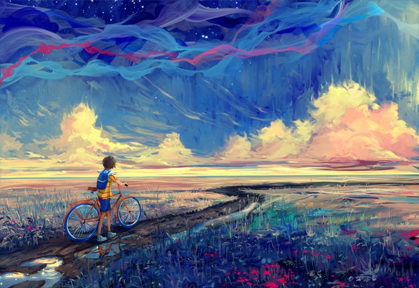 Anime picture 2560x1760 with original hangmoon single highres short hair black hair sky cloud (clouds) from behind night night sky reflection field boy flower (flowers) water shorts star (stars) ground vehicle backpack