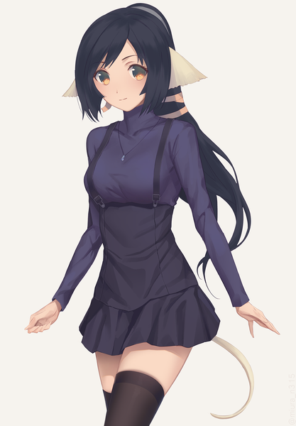 Anime picture 1200x1726 with utawareru mono utawareru mono: itsuwari no kamen white fox kuon (utawareru mono) miura-n315 single long hair tall image looking at viewer blush fringe breasts black hair simple background standing brown eyes animal ears ponytail tail animal tail