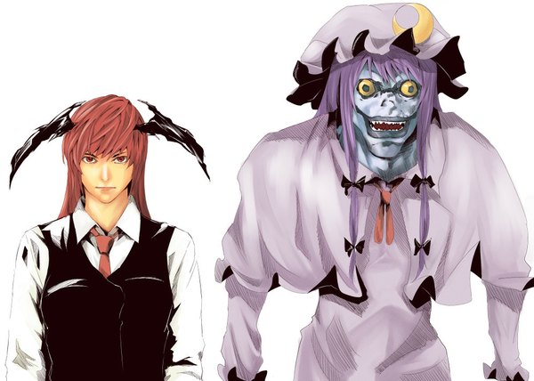 Anime picture 1000x714 with death note touhou madhouse patchouli knowledge koakuma yagami light ryuk kirieppa (artist) long hair looking at viewer simple background red eyes white background purple hair red hair multiple boys cosplay head wings shinigami demon boy