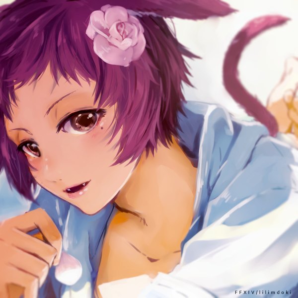 Anime picture 1024x1024 with final fantasy final fantasy xiv square enix miqo'te lili mdoki single looking at viewer blush short hair light erotic simple background white background brown eyes animal ears purple hair tail lying parted lips animal tail one eye closed