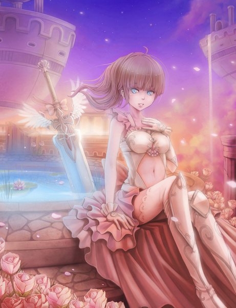 Anime picture 1250x1625 with original sunimu single long hair tall image looking at viewer open mouth blue eyes brown hair sitting lips bare belly cherry blossoms hand on chest weightlessness girl thighhighs gloves flower (flowers) weapon
