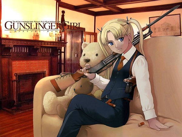 Anime picture 1680x1260 with gunslinger girl madhouse triela long hair blue eyes blonde hair twintails crossed legs weapon over shoulder girl weapon shirt gun toy stuffed animal vest teddy bear rifle holster