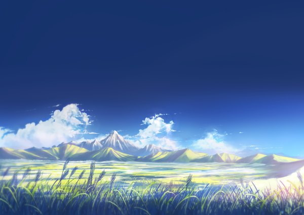 Anime picture 2866x2026 with original arukiru highres sky cloud (clouds) depth of field horizon mountain no people scenic field