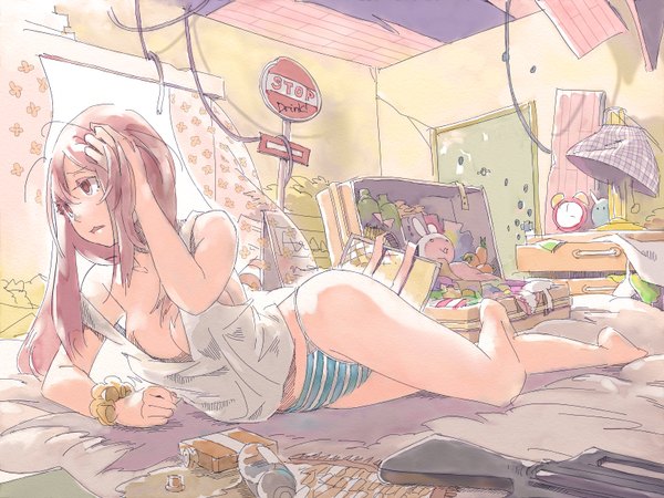 Anime picture 1600x1200 with original pomodorosa long hair breasts light erotic red eyes red hair lying barefoot arm support bare legs legs hand on head girl underwear panties curtains toy stuffed animal clock