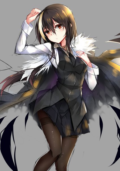 Anime picture 1200x1696 with original farcher single long hair tall image looking at viewer fringe simple background blonde hair hair between eyes red eyes brown hair pleated skirt multicolored hair grey background two-tone hair streaked hair fur trim clothes on shoulders sketch