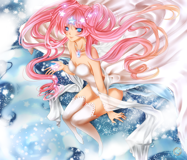 Anime picture 2046x1750 with original ymira single long hair blush highres blue eyes light erotic smile bare shoulders pink hair girl thighhighs hair ornament white thighhighs star (symbol) pendant star (stars) star hair ornament