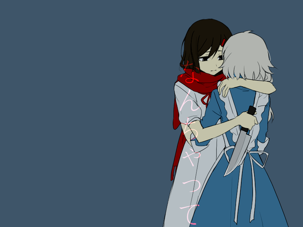 Anime picture 800x600 with kagerou project shaft (studio) tateyama ayano mary (kagerou project) aaniko long hair fringe short hair black hair simple background hair between eyes multiple girls holding white hair from behind black eyes short sleeves puffy sleeves hug blue background