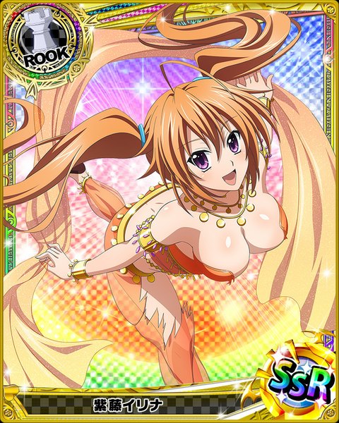 Anime picture 640x800 with highschool dxd shidou irina single tall image looking at viewer breasts open mouth light erotic brown hair twintails purple eyes very long hair traditional clothes torn clothes card (medium) girl bracelet