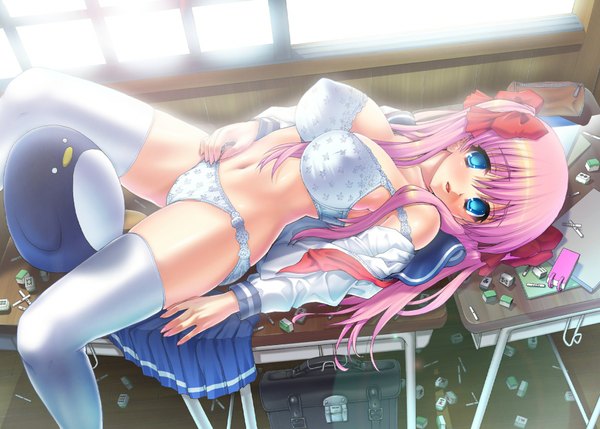 Anime picture 2000x1430 with saki haramura nodoka etopen tagme (artist) highres breasts blue eyes light erotic pink hair underwear only huge breasts classroom thighhighs underwear white thighhighs penguin