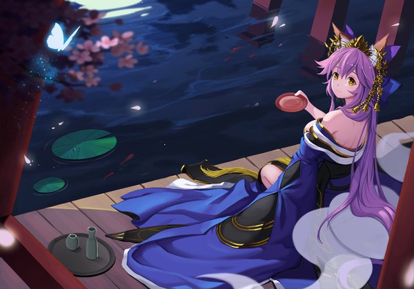 Anime picture 2242x1569 with fate (series) fate/extra fate/extella tamamo (fate) (all) tamamo no mae (fate) baseness single long hair looking at viewer fringe highres sitting animal ears yellow eyes pink hair looking back official art fox ears cherry blossoms reflection