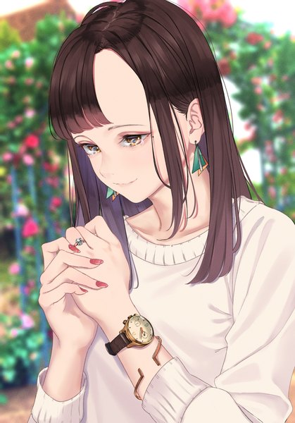 Anime picture 1668x2388 with original saitou (lynx-shrike) single long hair tall image fringe brown hair brown eyes payot upper body outdoors blunt bangs nail polish fingernails blurry mole depth of field mole under eye tears looking down