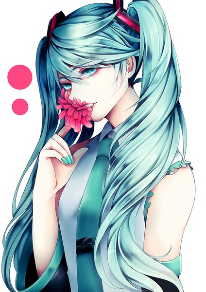 Anime picture 700x990 with vocaloid hatsune miku ling (vivianling) single long hair tall image looking at viewer fringe simple background hair between eyes white background twintails upper body nail polish aqua eyes fingernails aqua hair long fingernails aqua nail polish flower in mouth