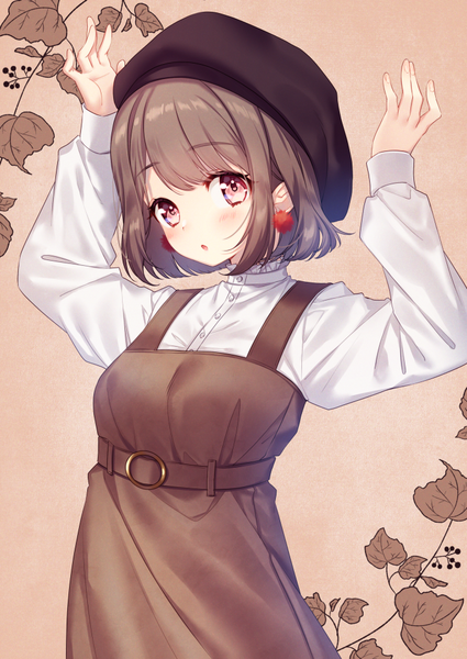 Anime picture 708x1000 with original moyui (myi 005) single tall image blush fringe short hair breasts open mouth simple background red eyes brown hair standing upper body long sleeves head tilt arms up :o looking up brown background