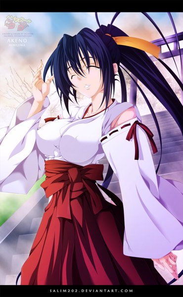 Anime picture 800x1297 with highschool dxd himejima akeno salim202 single long hair tall image breasts light erotic black hair simple background smile bare shoulders signed ponytail traditional clothes japanese clothes teeth coloring miko girl