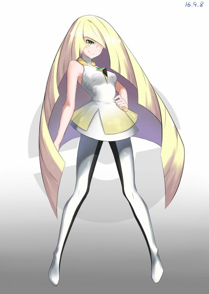 Anime picture 1240x1748 with pokemon pokemon sm nintendo lusamine (pokemon) muta (csw) single long hair tall image looking at viewer blush fringe simple background blonde hair standing bare shoulders green eyes full body head tilt hair over one eye gradient background