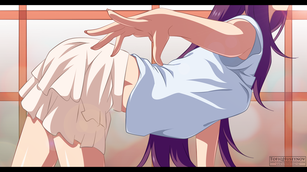 Anime picture 1920x1080 with bakemonogatari shaft (studio) monogatari (series) senjougahara hitagi tofiqhuseynov single long hair highres breasts light erotic wide image signed purple hair fingernails outstretched arm on all fours arched back head out of frame girl skirt