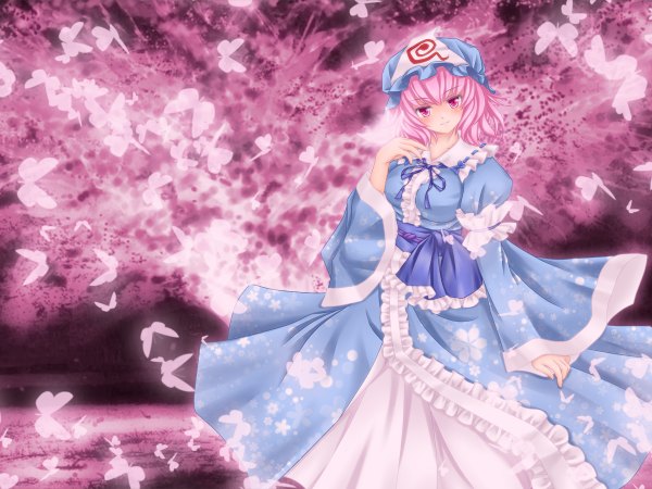 Anime picture 1200x900 with touhou saigyouji yuyuko nekokotei single short hair smile pink hair pink eyes girl dress insect butterfly bonnet
