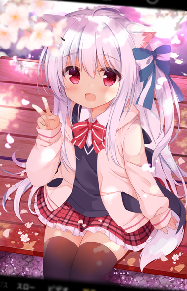 Anime picture 580x900 with original koinu-chan kujou danbo single long hair tall image looking at viewer blush fringe open mouth smile hair between eyes red eyes sitting animal ears payot ahoge bent knee (knees) outdoors white hair