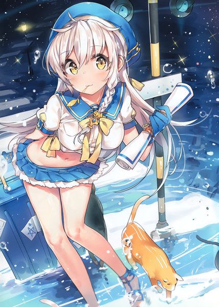 Anime picture 2110x2961 with original yuran (cozyquilt) single long hair tall image looking at viewer blush fringe highres hair between eyes standing holding yellow eyes payot ahoge bent knee (knees) outdoors white hair braid (braids) wind