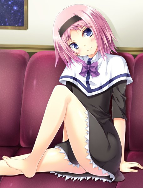 Anime picture 700x920 with gokukoku no brynhildr arms corporation kazumi schlierensauer kyousaki nao single tall image looking at viewer blush fringe short hair breasts blue eyes light erotic sitting pink hair bent knee (knees) head tilt barefoot light smile bare legs