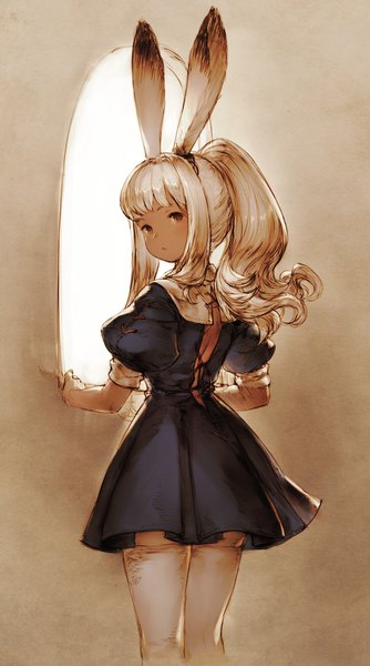 Anime picture 1000x1795 with final fantasy final fantasy xii square enix viera junwool single long hair tall image looking at viewer fringe highres brown eyes animal ears ponytail looking back short sleeves bunny ears puffy sleeves dark skin girl