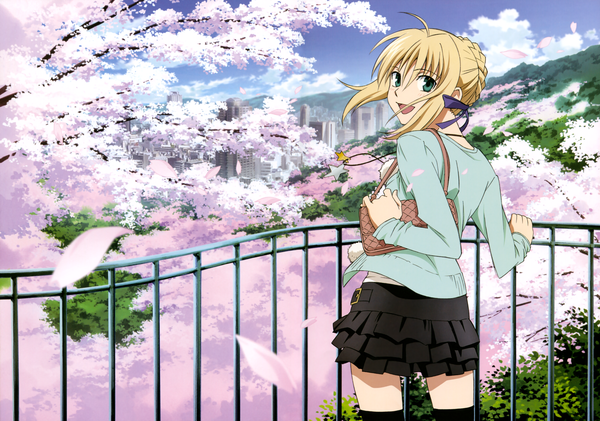Anime picture 5253x3694 with fate (series) fate/stay night studio deen type-moon artoria pendragon (all) saber highres short hair open mouth blonde hair standing absurdres looking back from behind cherry blossoms city cityscape girl frills