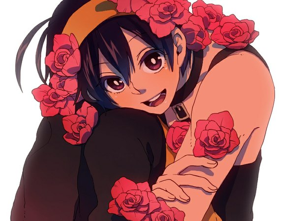 Anime picture 800x600 with jojo no kimyou na bouken narancia ghirga maguro (ma-glo) single looking at viewer blush fringe short hair open mouth black hair simple background white background sitting purple eyes bare shoulders ahoge hair flower otoko no ko boy hair ornament