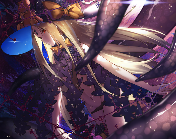 Anime picture 3400x2700 with fate (series) fate/grand order abigail williams (fate) abigail williams (second ascension) (fate) ten no hoshi single long hair highres light erotic blonde hair red eyes looking away absurdres girl navel underwear panties bow hat black panties