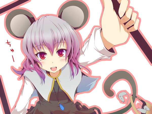 Anime picture 1000x750 with touhou nazrin koumei (artist) single blush short hair open mouth simple background red eyes animal ears purple hair animal tail girl pendant mouse