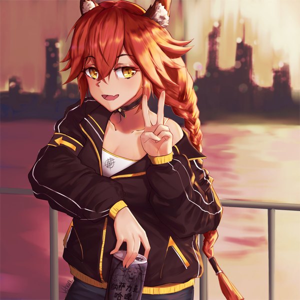 Anime picture 2000x2000 with overlord (maruyama) madhouse lupusregina beta vchan single long hair looking at viewer fringe highres open mouth hair between eyes signed animal ears yellow eyes upper body red hair braid (braids) depth of field alternate costume city