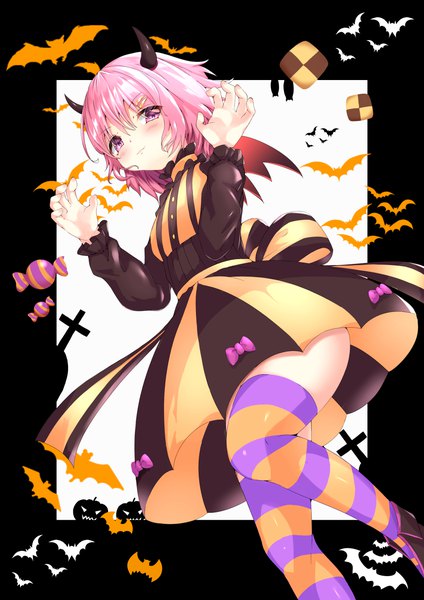 Anime picture 2894x4093 with original dew (pixiv19689089) single tall image looking at viewer blush fringe highres short hair hair between eyes purple eyes pink hair horn (horns) from below halloween claw pose checkerboard cookie girl thighhighs dress