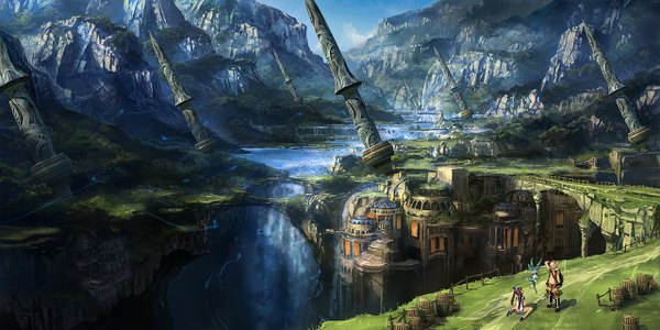 Anime picture 1280x640 with original nouzui wide image city mountain landscape fantasy waterfall water