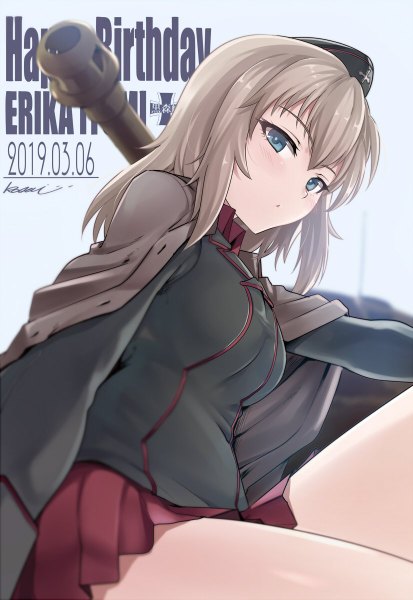 Anime picture 826x1200 with girls und panzer itsumi erika kasai shin single long hair tall image looking at viewer blush fringe breasts blue eyes hair between eyes brown hair white background signed pleated skirt character names dated clothes on shoulders happy birthday