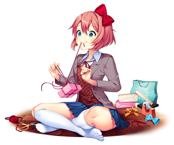 Anime-Bild 1280x1068 mit doki doki literature club sayori (doki doki literature club) satchely single blush fringe short hair blue eyes simple background smile hair between eyes white background sitting looking away pink hair full body official art no shoes valentine indian style