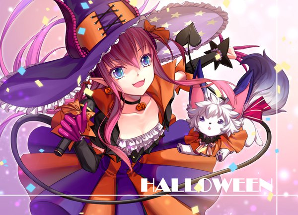 Anime picture 1387x1000 with fate (series) fate/grand order elizabeth bathory (fate) (all) elizabeth bathory (halloween caster) (fate) jh single looking at viewer open mouth blue eyes purple hair tail very long hair horn (horns) pointy ears girl dress hat witch hat microphone confetti