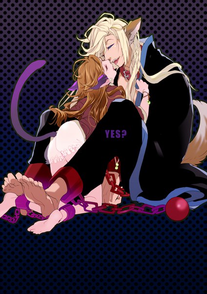 Anime picture 566x800 with slayers j.c. staff lina inverse gourry gabriev jobo (isi88) long hair tall image light erotic blonde hair brown hair sitting animal ears tail head tilt animal tail barefoot cat ears cat tail kneeling face to face