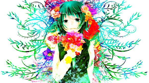 Anime picture 2560x1440 with vocaloid gumi suzuair (bellsuzu) single highres wide image green eyes hair flower green hair multicolored girl hair ornament flower (flowers)