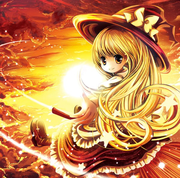 Anime picture 1743x1729 with touhou kirisame marisa catbell highres blonde hair smile yellow eyes sky cloud (clouds) loli scenic witch girl bow star (stars) witch hat sun broom