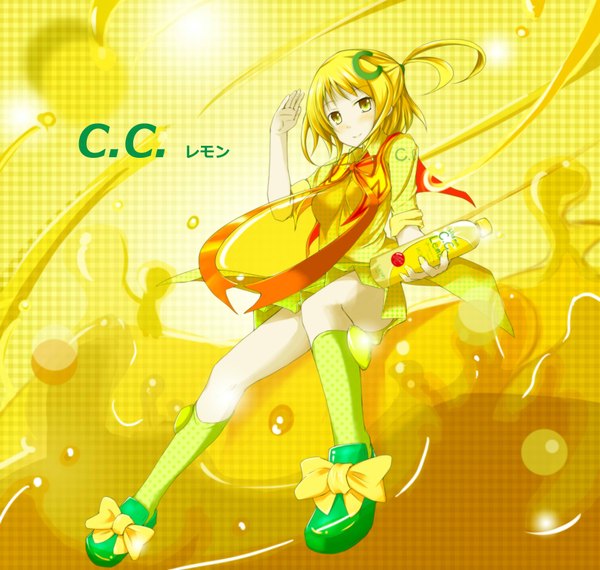 Anime picture 4000x3800 with original c.c. lemon c.c. lemon (character) kyaro (kyaro54) single long hair blush highres blonde hair yellow eyes absurdres girl dress socks bubble (bubbles)