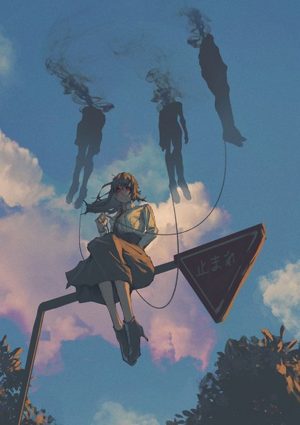Anime-Bild 2480x3508 mit original neg (101neg) single long hair tall image looking at viewer highres red eyes brown hair sitting holding sky cloud (clouds) from below high heels smoke silhouette girl skirt shoes