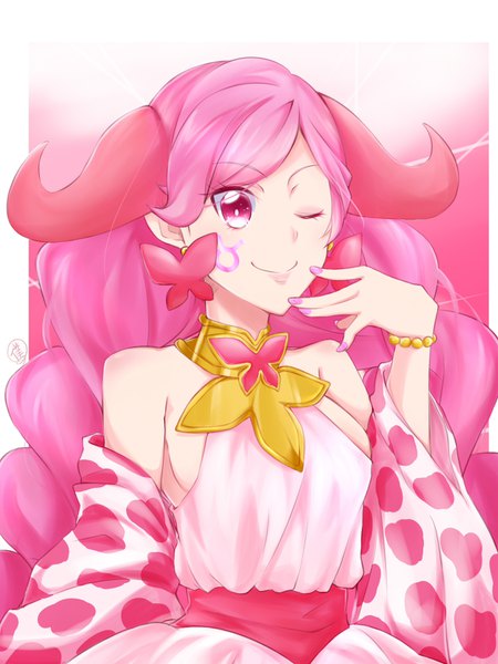Anime picture 1200x1600 with precure star twinkle precure toei animation princess taurus (precure) yu062424 single long hair tall image looking at viewer fringe light erotic simple background smile bare shoulders pink hair upper body nail polish one eye closed pink eyes horn (horns)