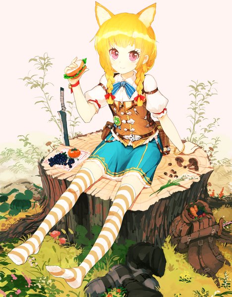 Anime picture 2894x3713 with original jean popo single long hair tall image highres blonde hair sitting animal ears braid (braids) pink eyes eating girl thighhighs dress food striped thighhighs