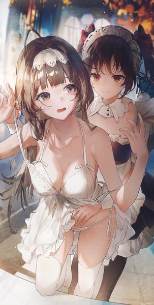Anime-Bild 2668x5276 mit original swkl:d long hair tall image fringe highres breasts open mouth light erotic smile brown hair large breasts standing twintails brown eyes signed payot looking away cleavage ahoge