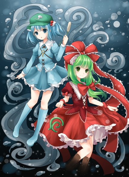 Anime picture 1476x2031 with touhou kagiyama hina kawashiro nitori sumi mi long hair tall image short hair blue eyes multiple girls green eyes blue hair green hair girl dress skirt bow 2 girls hair bow skirt set flat cap