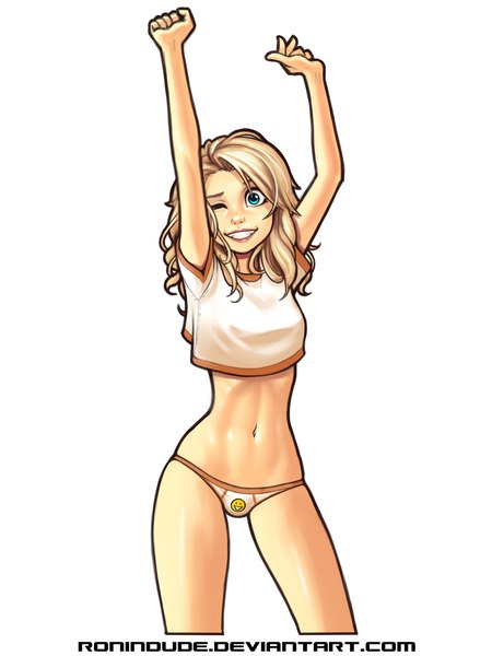 Anime picture 1024x1365 with original ronin dude (ray cornwell) single long hair tall image looking at viewer blue eyes light erotic simple background blonde hair smile white background one eye closed wink bare belly elf girl navel underwear panties
