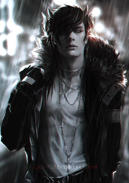 Anime picture 600x849 with las-t (artist) single long hair tall image looking at viewer fringe black hair horn (horns) lips pointy ears hair over one eye realistic open jacket wet grey eyes piercing monochrome ear piercing rain wet clothes