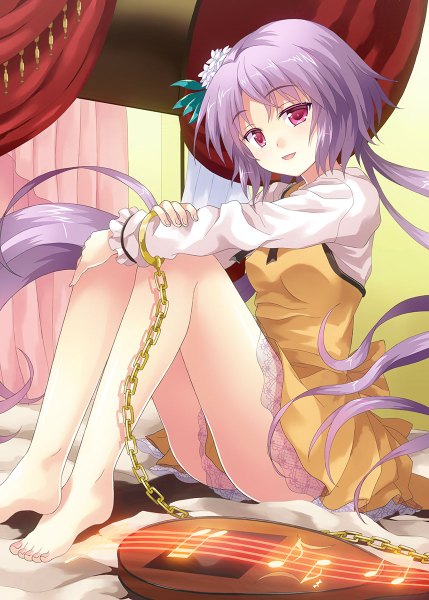 Anime picture 858x1200 with touhou tsukumo benben rasahan (artist) single long hair tall image looking at viewer sitting purple hair pink eyes barefoot bare legs girl dress chain