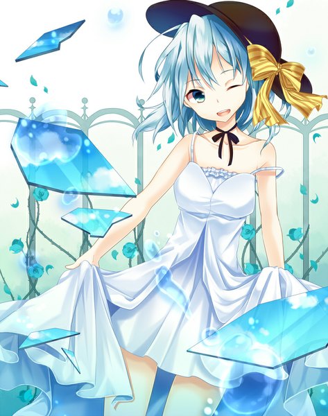 Anime picture 700x888 with touhou komeiji koishi kusada souta single tall image looking at viewer short hair open mouth blue eyes bare shoulders blue hair one eye closed wink alternate costume girl dress flower (flowers) hat petals rose (roses)